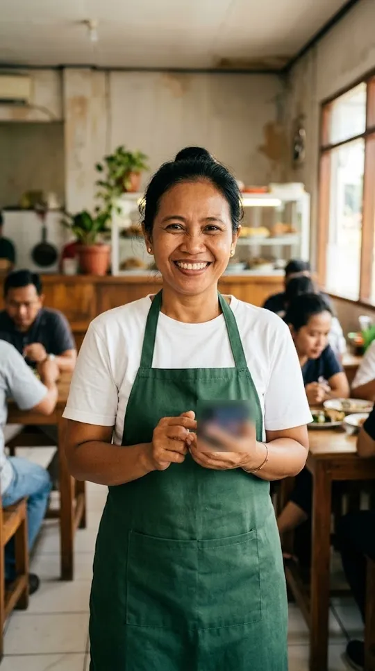 Pemilik rumah makan tersenyum memegang HP di dalam rumah makannya